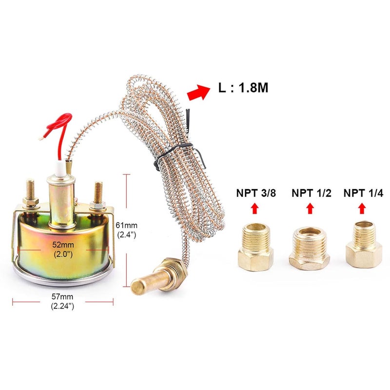 Dyno Racing مقياس حرارة ميكانيكي للماء 2" 52 مم 12 فولت مع مؤشر (50-140℃، 130-280℉)، عداد سيارة بإضاءة صفراء مع حساس NPT 1/2، NPT 3/8، NPT 1/4، طول سلك 1.8 متر - Image 4